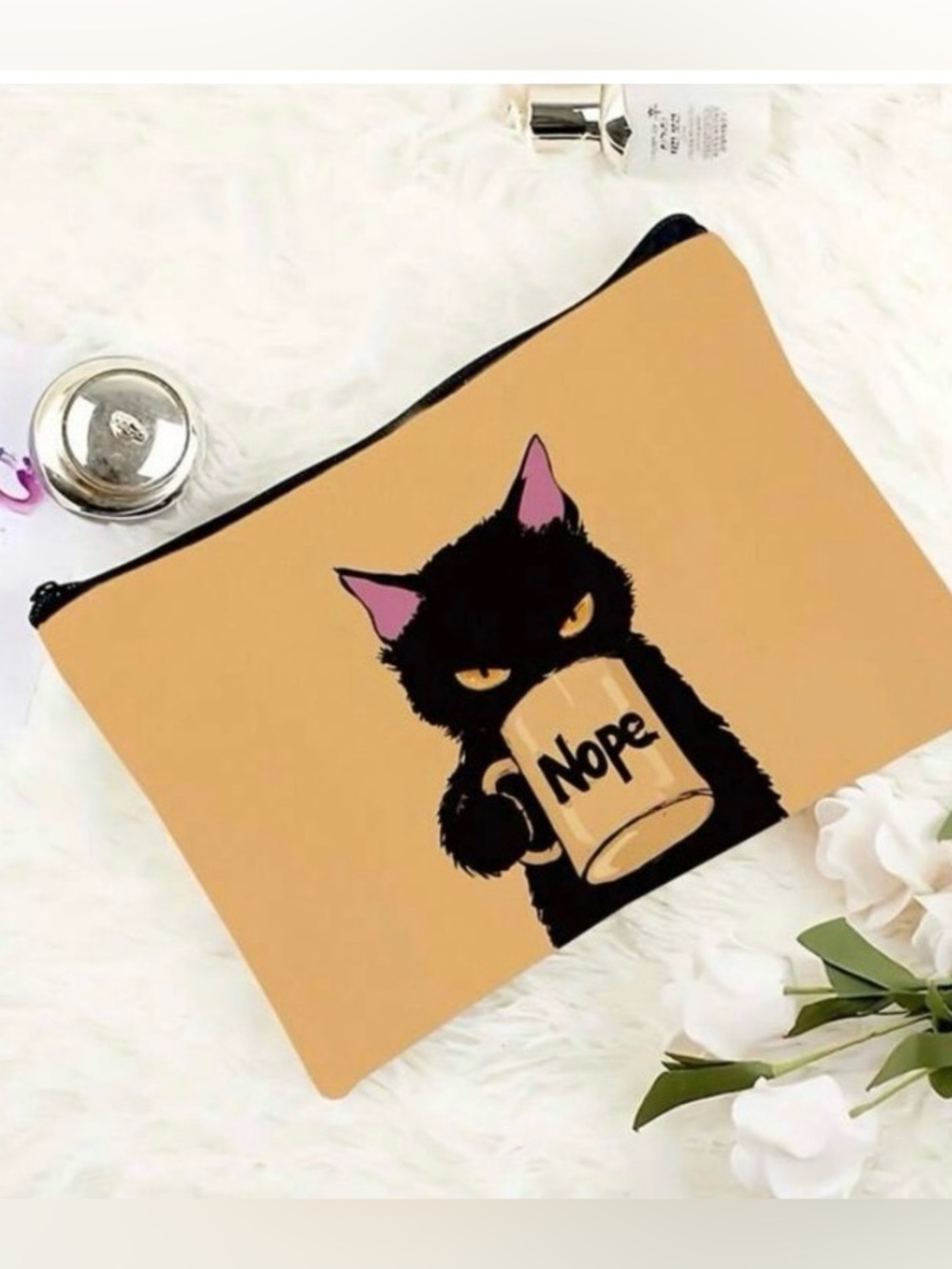 Black Cat Nope Coffee Mug Makeup Bag Canvas Cosmetic Pouch Funny Gift NWOT